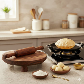 Wooden Chakla Belan Set, 9.5 Inches Single Piece Top, Japanese Sashimono Woodworking, Food Grade Finish